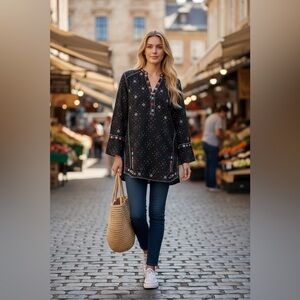 JOHNNY WAS Nazar Black Cotton Gauze Tunic with Multicolor Accents, M